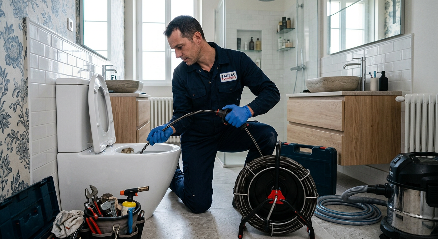 Plombier débouchant des WC avec un furet électrique à Lyon 3